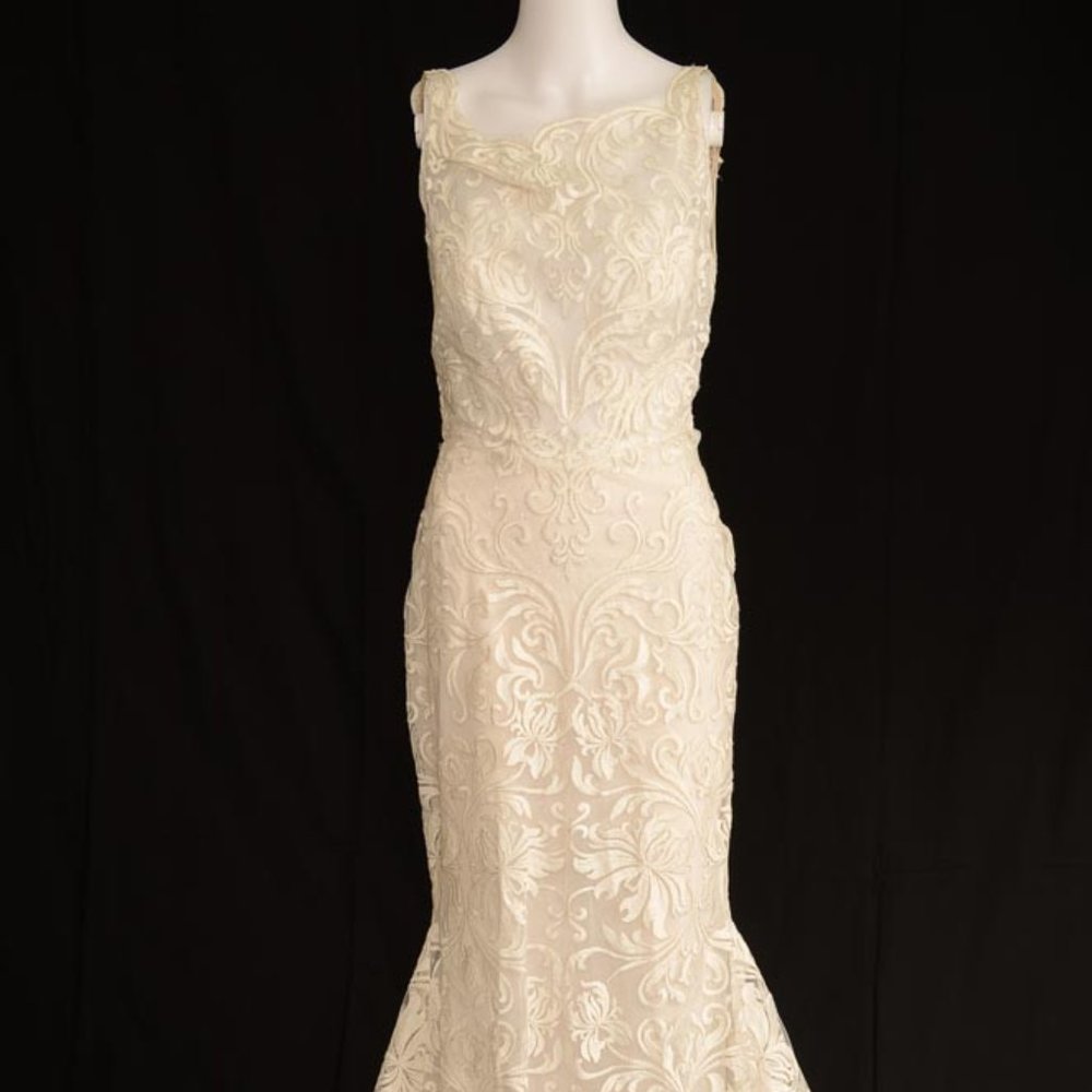 Lazaro ivory embroidered glitter trumpet wedding